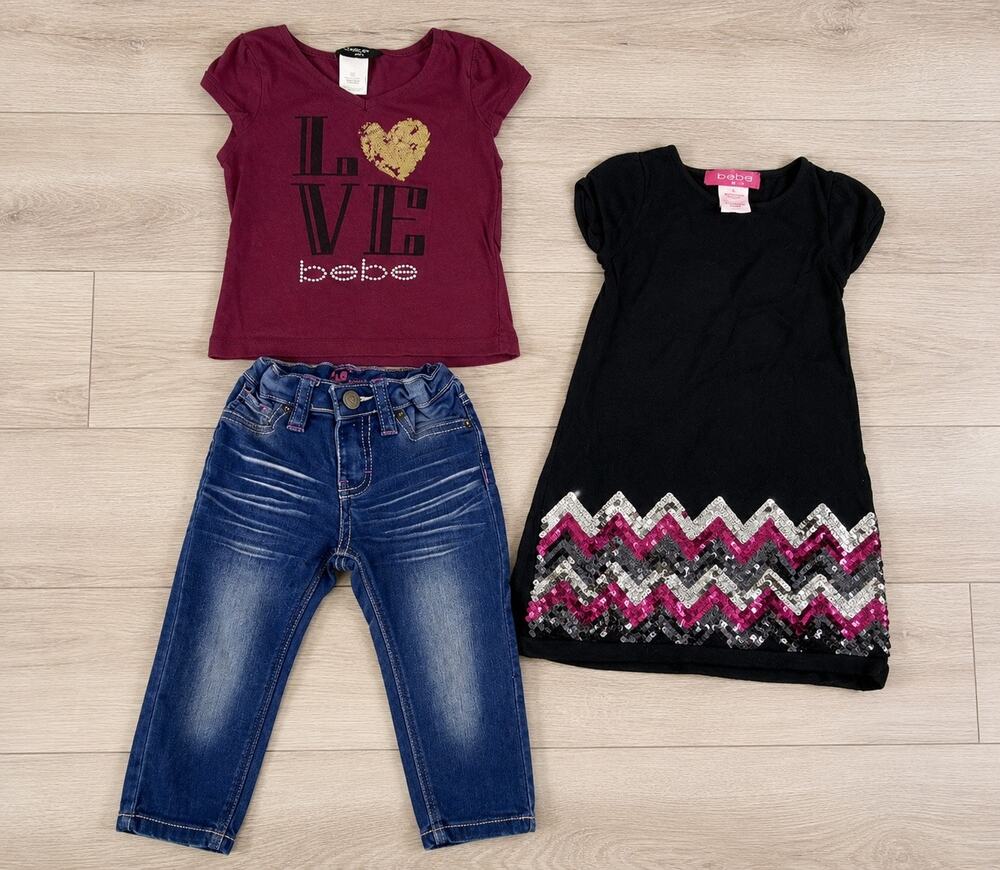 Girls 2T Clothing Bundle BeBe Maroon Tee, U-knit Sequin Dress & Lee Skinny Jeans